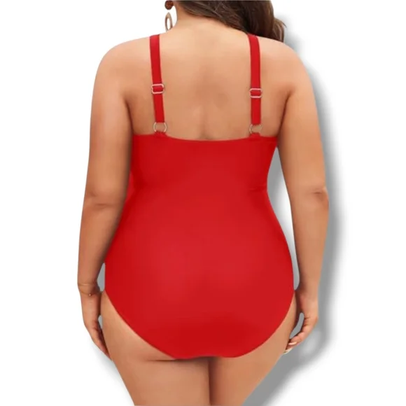 DACI - XL Raging Red Keyhole Criss Cross Halter Swimsuit - Picture 3 of 8